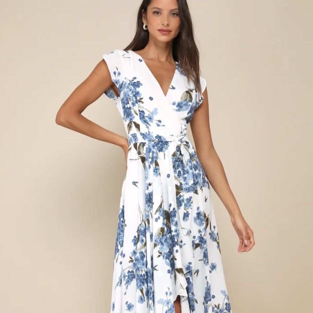Lulus Blue Floral Print High Low Wrap Dress Size L
